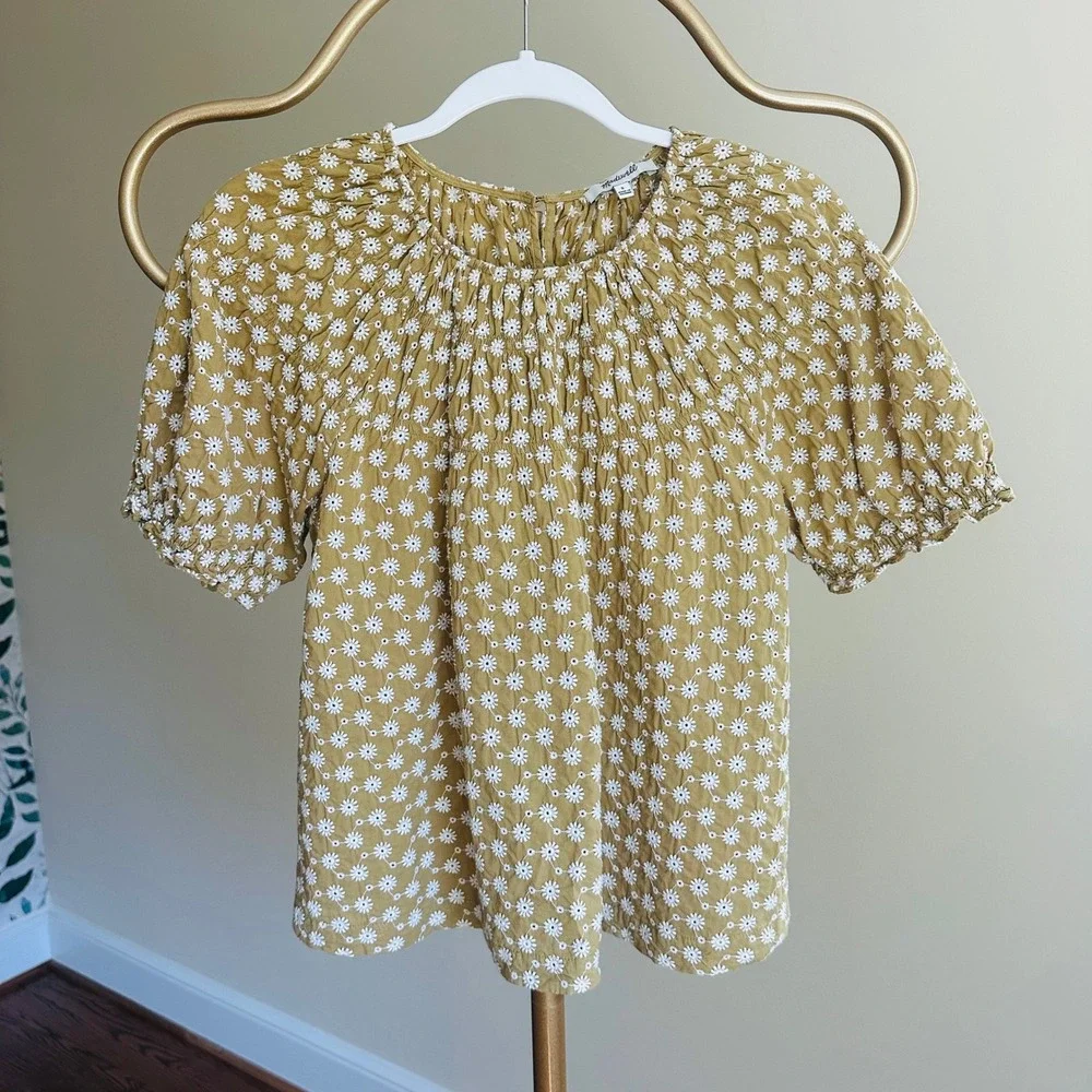 Madewell Mustard Daisy Embroidered Puff Sleeve Blouse Small Romantic 70s Cottage